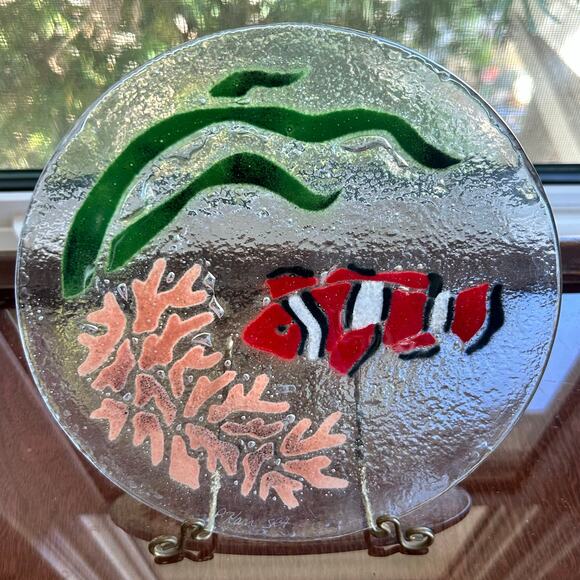 Vintage Retired Peggy Karr Fused Glass Tropical Fish Black Red Coral Reef  Plate - Picture 1 of 8